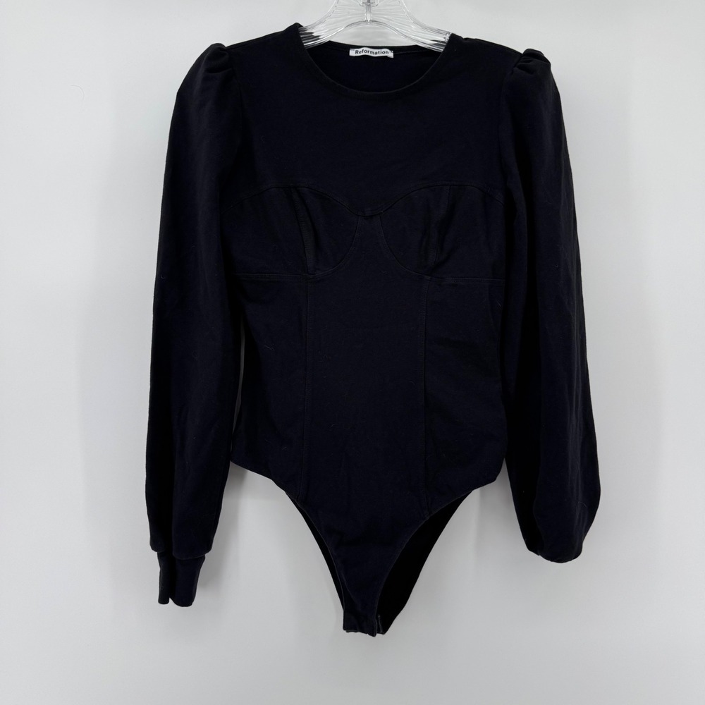 Reformation Solid Black Bodysuit Long Sleeve Bust… - image 2